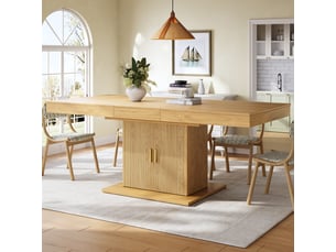 Table à manger rectangulaire extensible 140-180 x 90 cm avec rangement intégré, portes cannelées, étagère amovible, effet chêne clair moderne