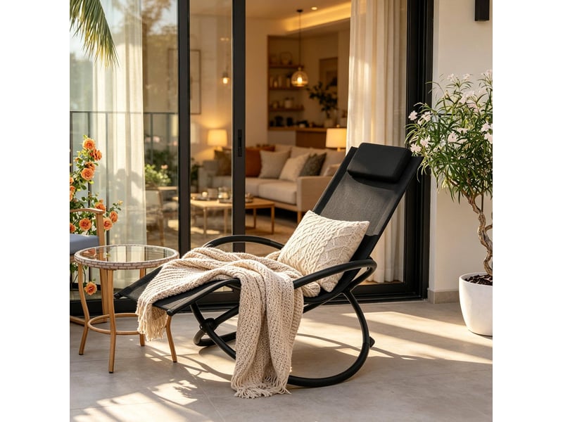  Chaise longue à bascule noire en textilène, structure métal, coussins amovibles et accoudoirs rembourrés  - Conforama E