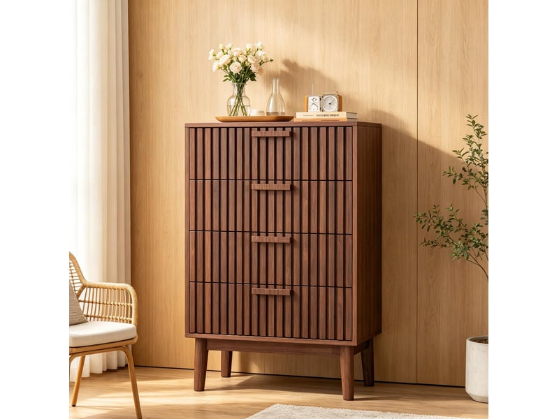  Commode 4 tiroirs – armoire latérales –  marron foncé –  grille verticale - pieds fuselés – style nordiquejaponais  - Conforama B