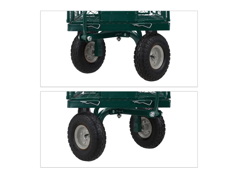  Chariot de transport solide pour jardin 100 x 60 x 30 cm avec côtés rabattables et 4 roues pneumatiques en acier vert 13_0011144  - Conforama D