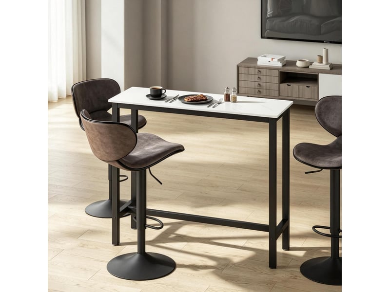  Table de bar 120x40x100 cm avec barre d'appui en panneau de particules et métal noir et blanc effet marbre  - Conforama B
