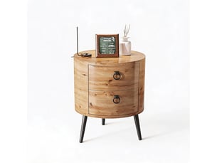 Table d'appoint ronde 2 tiroirs, bout canapé, table chevet, style mid-century, finition bois naturel, pieds métal, rangement salon