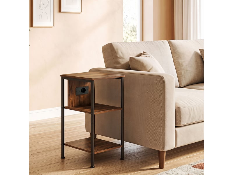  Table d'appoint avec station de charge, bout de canapé étroit avec 2 étagères ouvertes, style industriel, brun rustique  - Conforama A