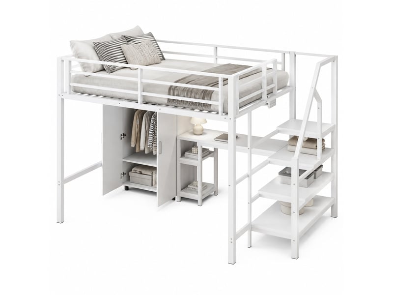  Lit mezzanine enfant 140 x 200 cm avec bureau, armoire et rangements blanc  - Conforama A