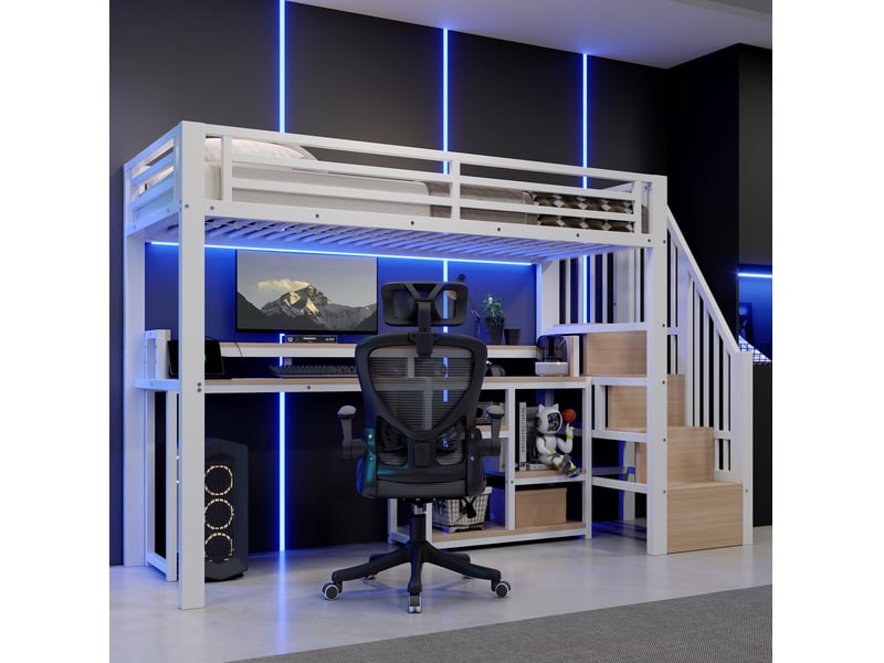  Lit mezzanine 90x200 cm avec bureau, rangement, led et usb-c blanc  - Conforama B