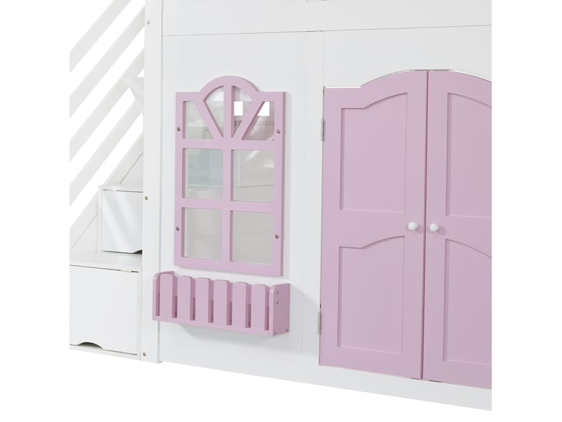  Lit mezzanine enfant 90x200 cm blanc et rose bois, escalier de rangement avec fenêtres acrylique  - Conforama E