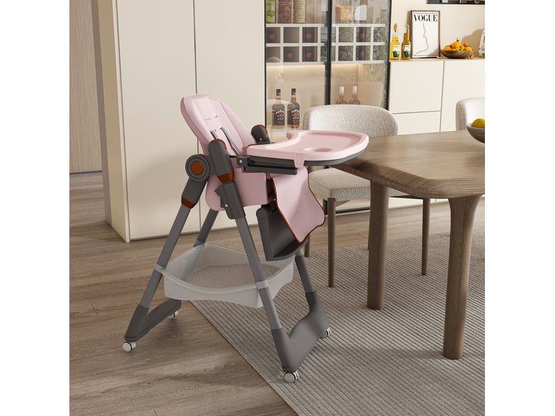  Chaise haute bébé pliable réglable avec plateau amovible, harnais 5 points et roulettes verrouillables en polypropylène rose  - Conforama C