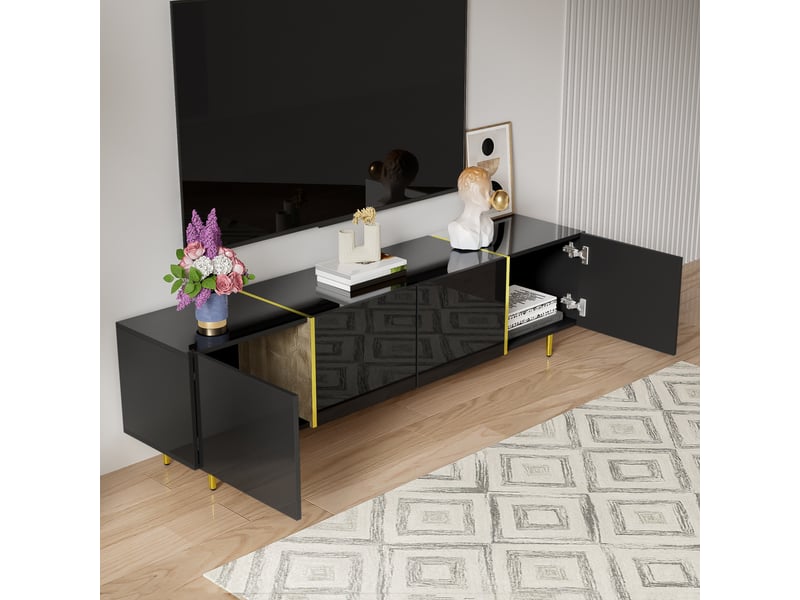  Meuble tv noir brillant et doré, 4 portes, 170 cm  - Conforama D