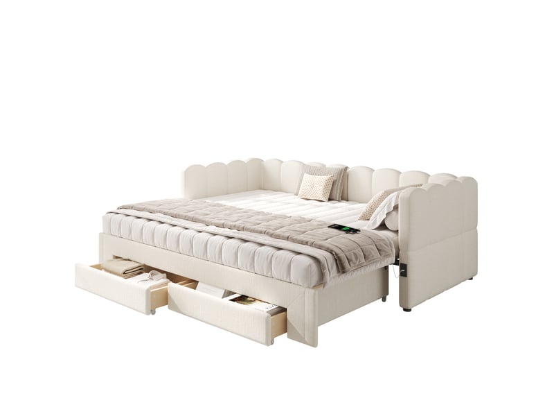  Lit banquette extensible 90 à 180 x 200 cm avec 2 tiroirs de rangement et port usb, lin beige Bliss Lite - Conforama A
