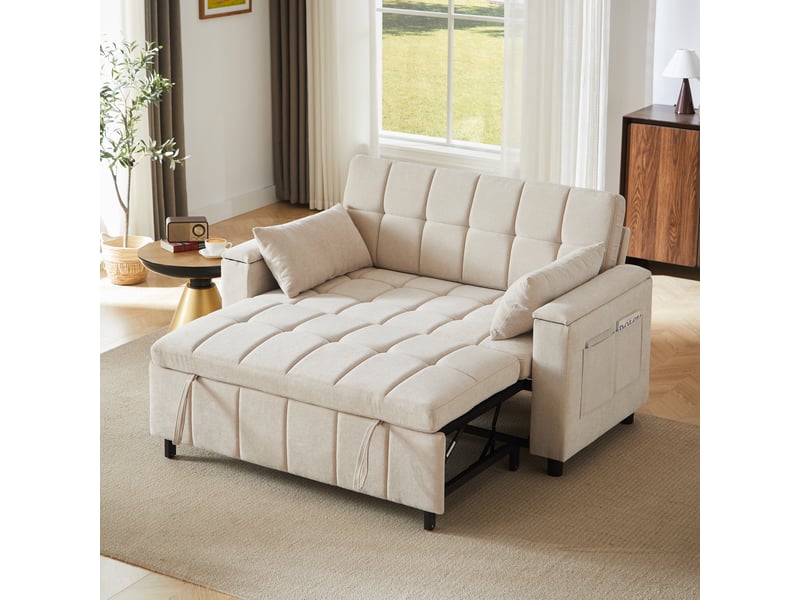  Canapé convertible, canapé-lit, 2 places, en chenille, rangements dans les accoudoirs, structure métallique, poches latérales  - Conforama A