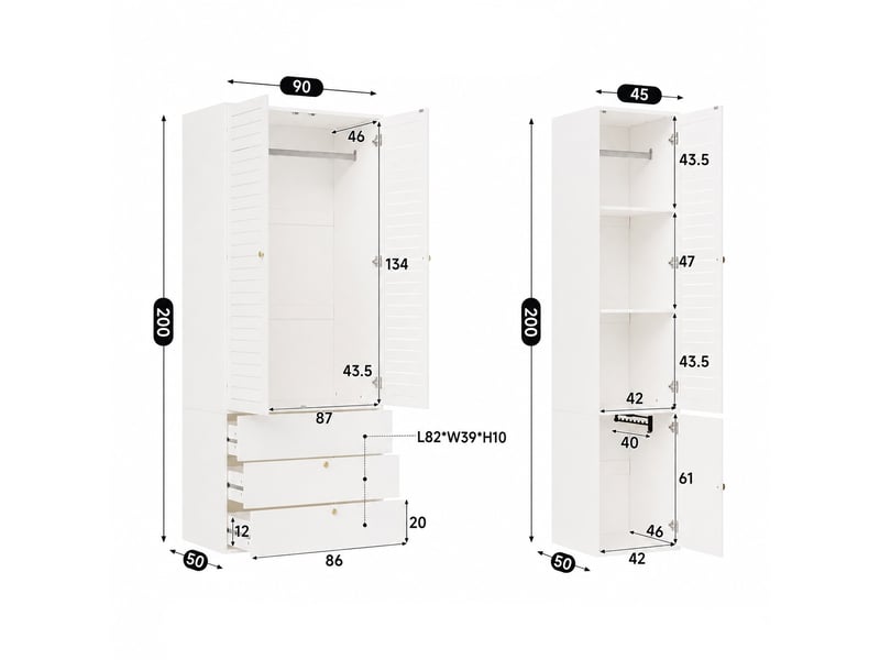  Armoire de chambre 225x50x200 cm, dressing penderie moderne avec 5 portes persiennes, avec 3 tringles et 6 tiroirs, pour adulte ou enfant, blanc  - Conforama E