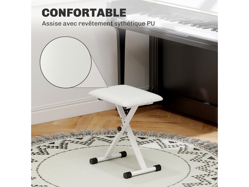  Tabouret de piano pliable blanc avec hauteur réglable et siège rembourré en pu 39 x 29 x 37-47 cm  - Conforama E
