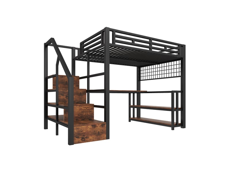  Lit mezzanine noir 140 × 200 cm, bureau, led, rangements, 2 usb, type-c et grille suspendue  - Conforama D