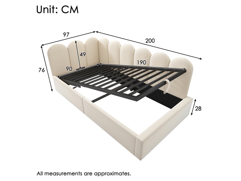 Lit enfant coffre 90x190 cm en velours beige avec sommier métallique  - Conforama E