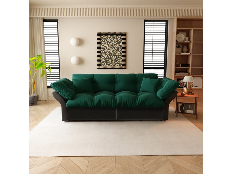 Canapé-lit convertible 3-en-1 vert en velours, 190 cm queen size, capitonné, 2 coussins, multifonctionnel - Conforama B