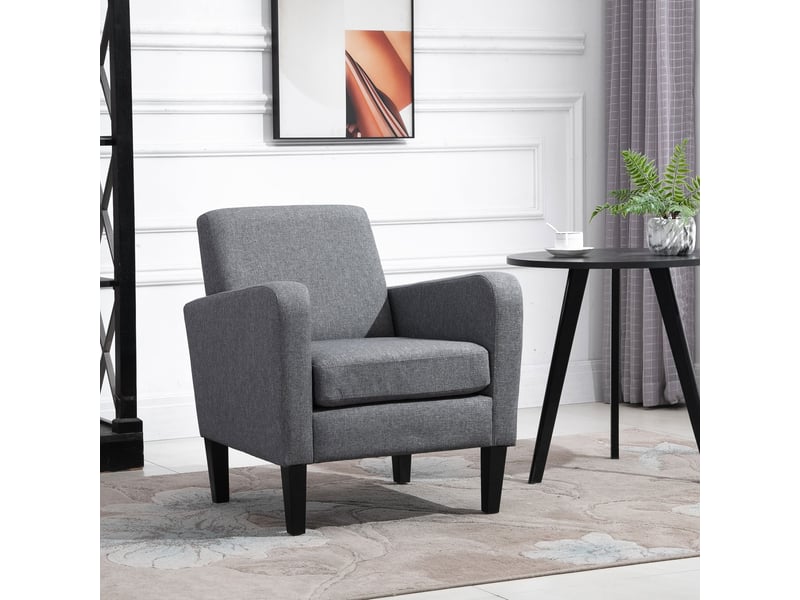 Fauteuil rembourré avec dossier ergonomique et accoudoirs, pieds en bois, tissu polyester gris clair 66 × 72 × 74 cm - Conforama B