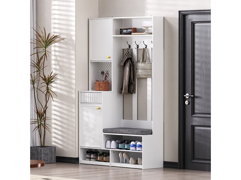  Ensemble armoire, ensemble complet d'armoire d'entrée avec banc, 4 crochets, portes et tiroirs - blanc, dimensions compactes 100×180×35 cm (l×h×p) N657P29427071W - Conforama C