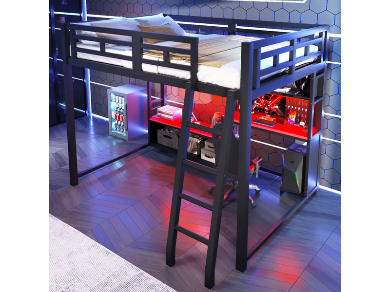  Lit superposé en métal 140x200 avec bureau style gaming, éclairage led et étagères de rangement, noir et rouge  - Conforama B