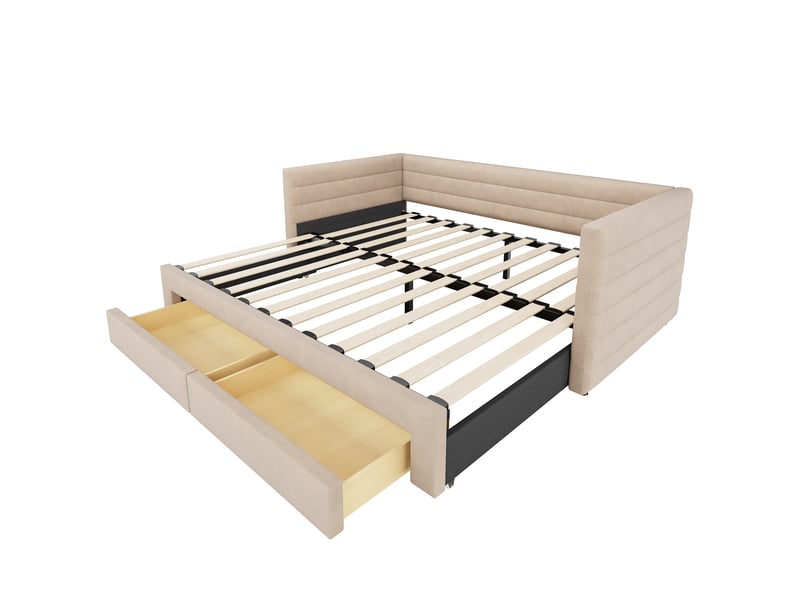  Canapé-lit 3-en-1 90x190 cm, convertible en lit simple ou double, tiroirs, coton et lin beige, sommier inclus  - Conforama E