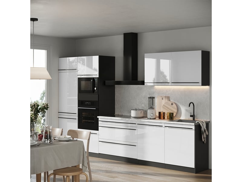  Vicco cuisine, blanc haute brillanceanthracite, 340cm plan de travail chêne doré  - Conforama C