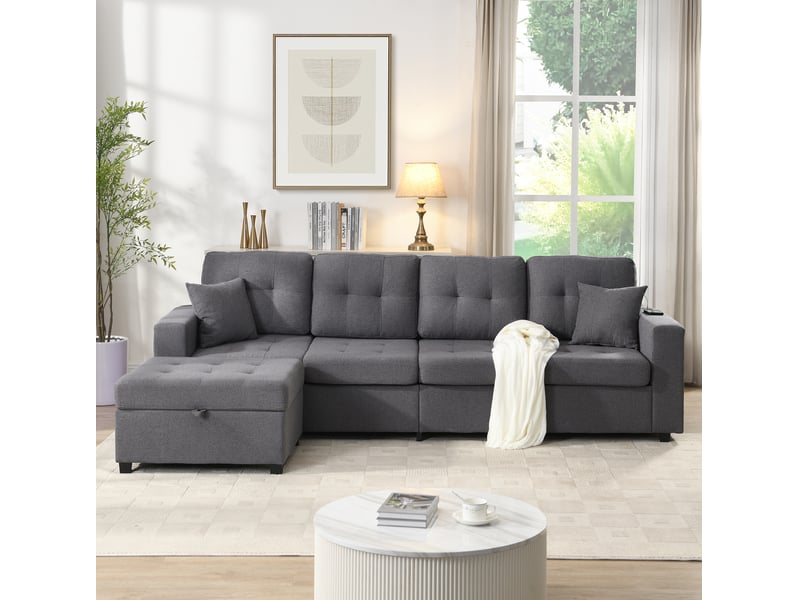 Canapé d'angle modulable 4 places avec pouf coffre, led et ports usb type-c en tissu gris antique - Conforama D