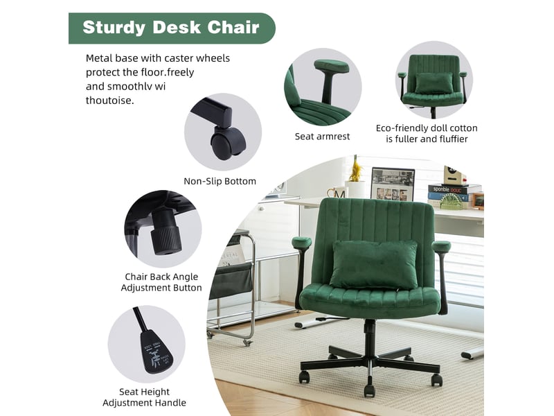  Chaise de bureau en velours vert, accoudoirs rabattables et réglables, roulettes silencieuses, idéale au quotidien  - Conforama E