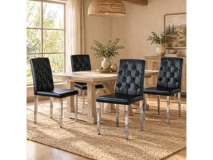 Chaises de salle à manger lot de 4 dossier capitonné  - assise mousse, simili cuir noir et métal argenté