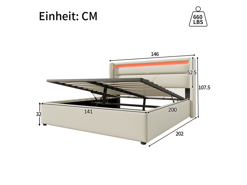  Lit coffre 140x200 cm rembourré avec rangement hydraulique, lit double avec tête de lit led télécommande, sommier à lattes inclus, pu - blanc  - Conforama E