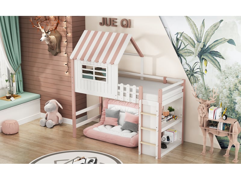  Lit superposé enfant 90x200 cm rose bois massif pin avec échelle de sécurité rangement sommier à lattes Sol Morn - Conforama E
