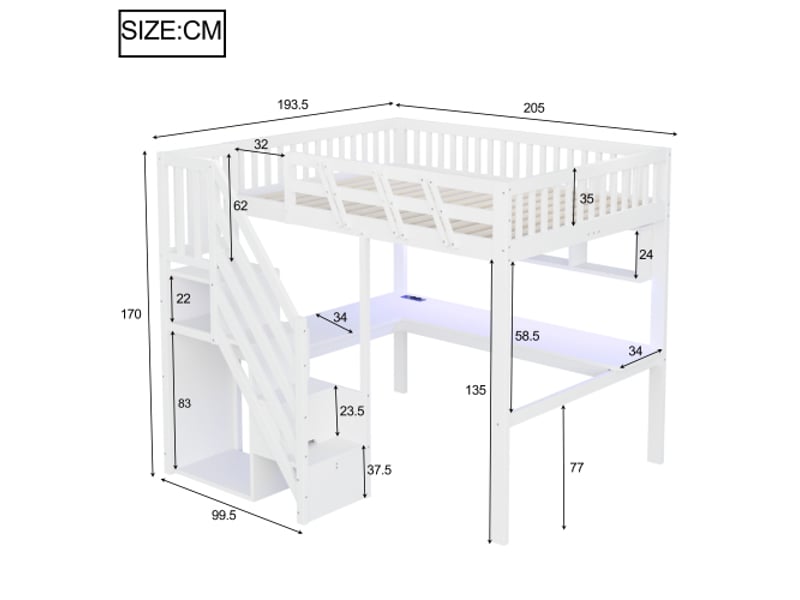  Lit mezzanine en bois massif - 140x200 cm - blanc - escalier avec rangement - bureau intégré - éclairage led 205x193.5x170cm - Conforama A