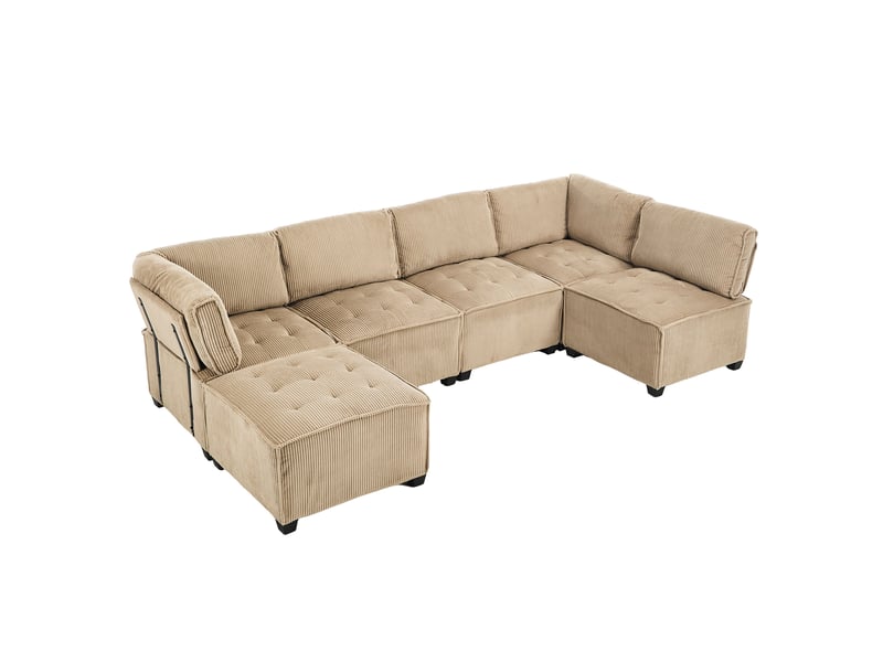 Canapé modulable 6 places en velours côtelé kaki 308 x 154 x 81,99 cm avec poches de rangement, salon séjour 308x154x81.99cm - Conforama A