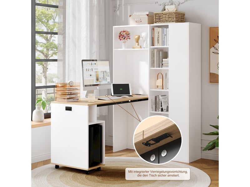 Bureau pliable avec étagère, bureau bibliothèque 2 en 1, bureau d'angle droit blanc avec prise et port usb, 104.5x160cm - Conforama R