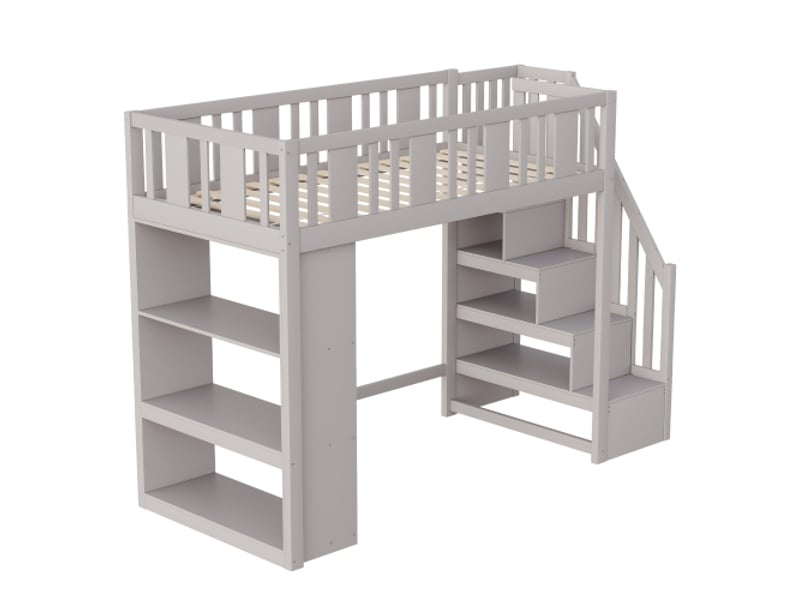  Lit mezzanine enfant 90x200 cm avec escalier de rangement et étagères, en bois gris, sans matelas  - Conforama E