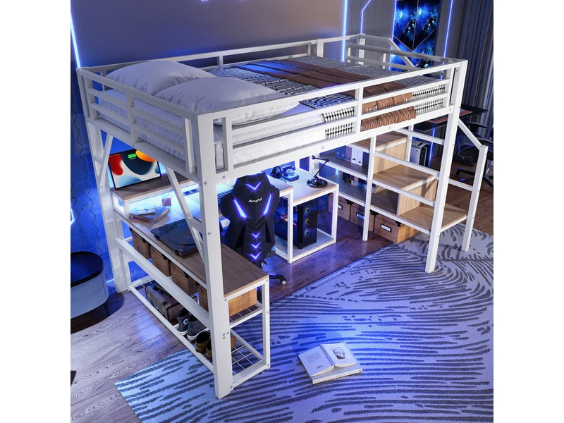 Lit mezzanine 140x200 cm avec bureau intégré, led pilotable et escalier de rangement, métal et mdf, blanc, sans matelas - Conforama W