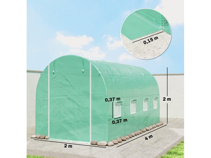 Housse de serre 400 x 200 x 200 cm – verte – polyéthylène étanche, anti-uv et résistante avec porte et 8 fenêtres - Conforama C