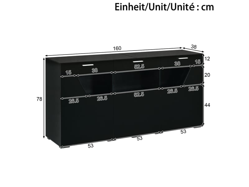  Buffet 160x38x78 cm avec 3 portes led commandée par application panneau de particules couleur noir, confort optimal  - Conforama C