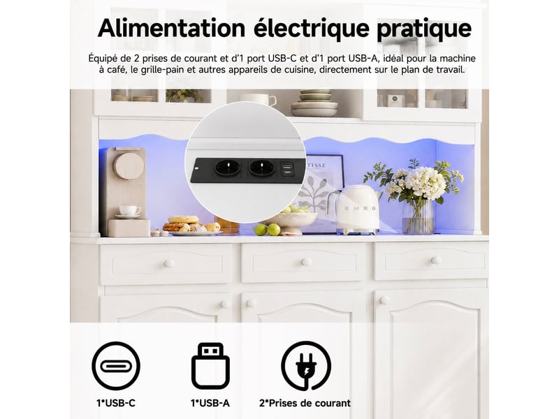  Meuble de cuisine blanc muvano avec rangement et led, buffet haut 135 x 40 x 185 cm  - Conforama E