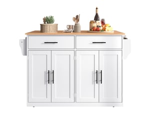 Desserte de cuisine 120 x 46 à 71 x 91,5 cm blanc et naturel en mdf, plateau rabattable, 2 tiroirs, 4 portes