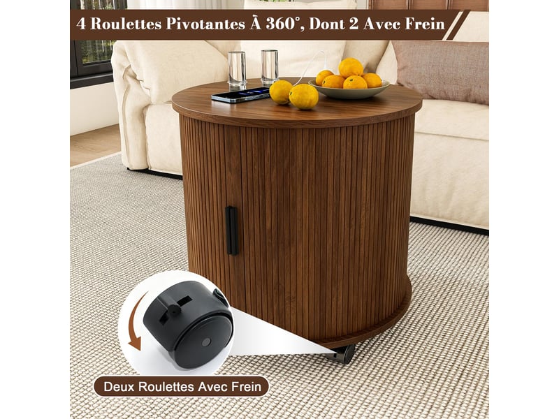  Table de chevet cylindrique avec prise et 2 usb mdf coloris noyer 60x60x60 cm  - Conforama D