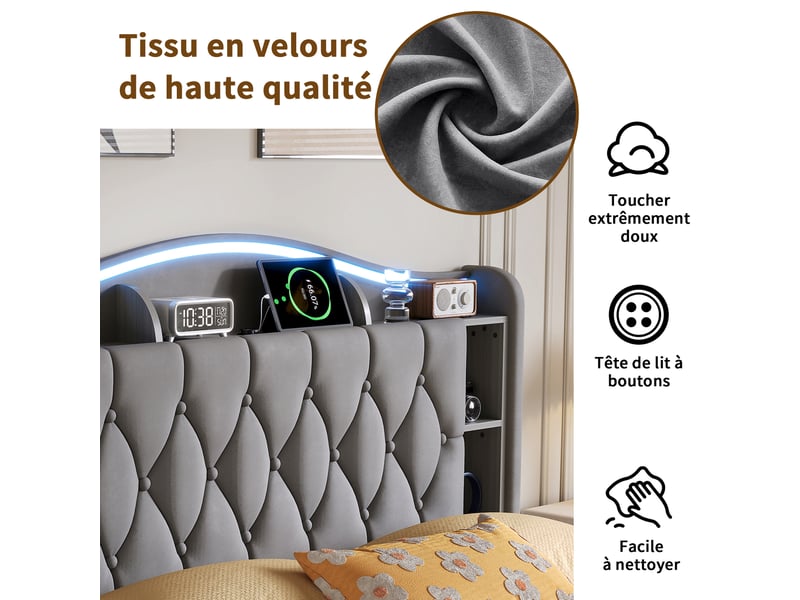 Kefsr lit coffre 140x190 cm en velours gris - lit adulte 2 places avec sommier relevable, éclairage led rgb, tête de lit avec rangement et prise usb charge sans fil - Conforama R