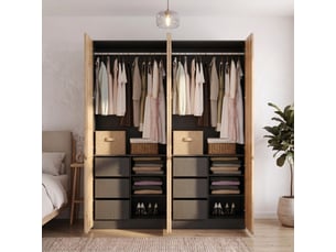 Armoire de chambre 180x50x200 cm avec 8 portes et 6 tiroirs, 2 penderies, design moderne, finition chêne
