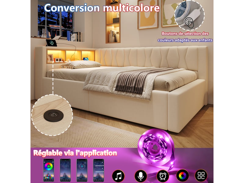  Lit banquette 140x200cm, beige, sans matelas, relevage hydraulique, pour chambre moderne et pratique  - Conforama D