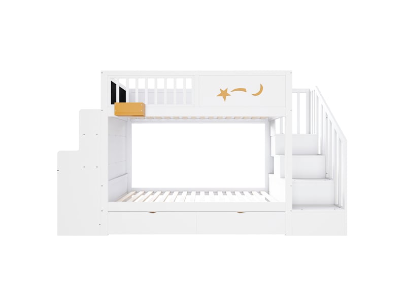  Lit superposé enfant en pin massif blanc 90x200 cm, escalier rangement, bureau, tiroirs et étoiles  - Conforama A