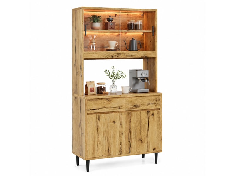 Buffet haut avec portes vitrées, led et prises usb pour séjour, en panneaux de particules, chêne, 100 × 40 × 185 cm - Conforama A