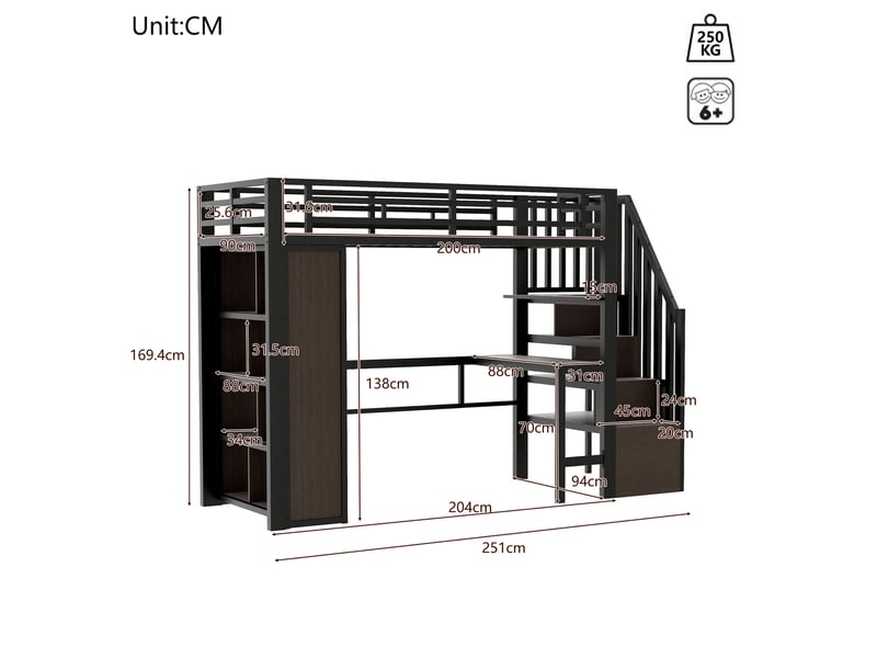  Lit mezzanine noir 90x200cm avec escalier rangement, éclairage led, bureau et étagères, confort durable - fer - pour enfant ado  - Conforama E