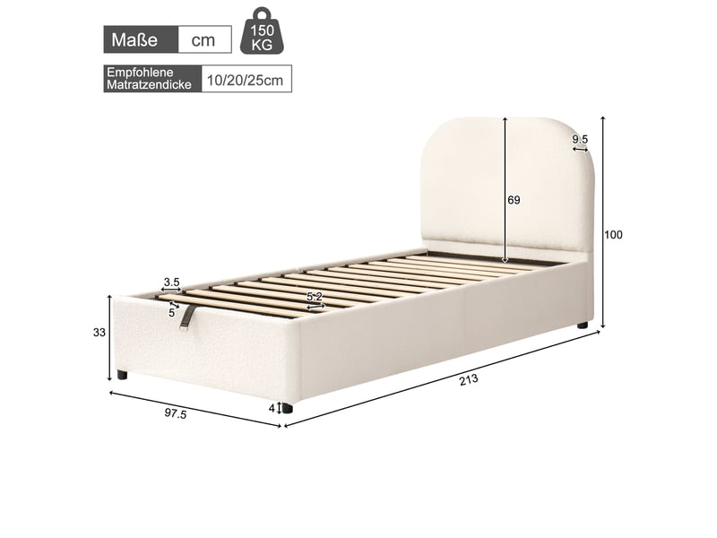  Lit coffre enfant 1 place 90×200 cm avec tête rembourrée - okmyhome- bouclette beige, sans matelas  - Conforama D