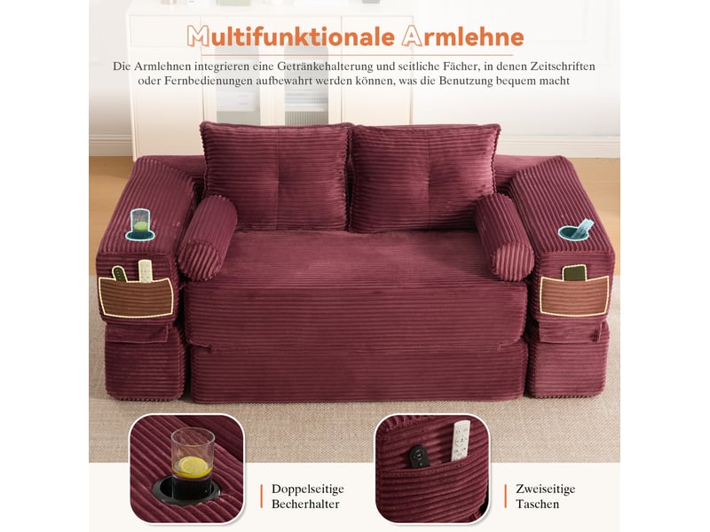 Canapé convertible 2 places 180x98x80 cm avec coussin d'assise à mémoire de forme, pour salon, velours côtelé, rouge - Conforama E