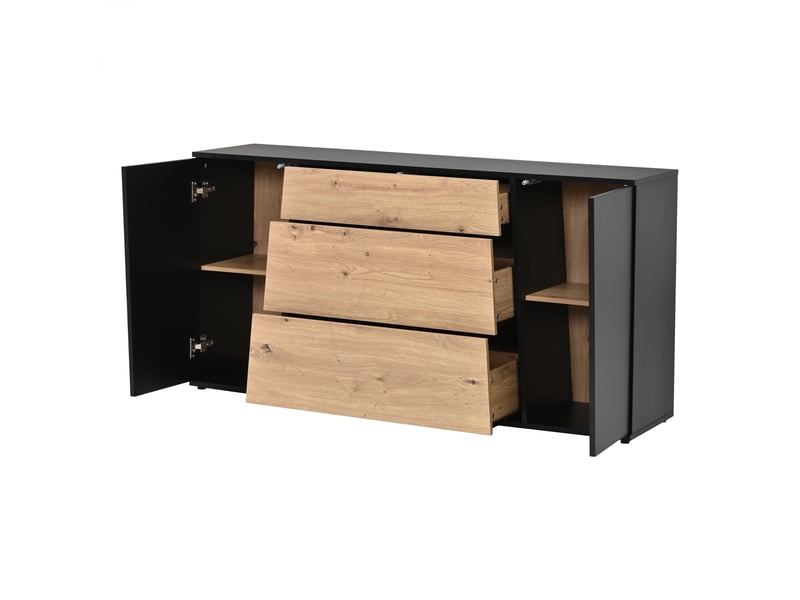  Buffet noir et bois 140 cm, meuble de rangement avec 3 tiroirs et 2 portes  - Conforama E