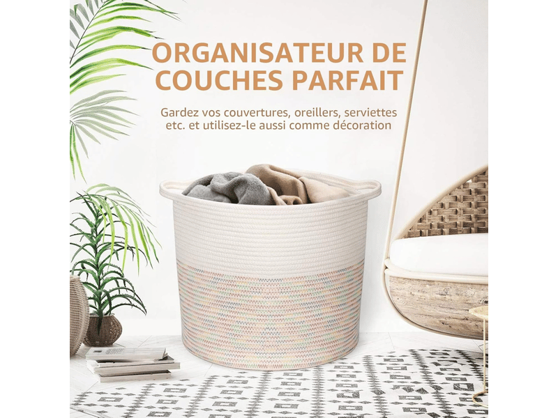  Panier coton linge sale 50 l, 38x35 cm, poignées, pour vêtements, jouets et serviettes  - Conforama C