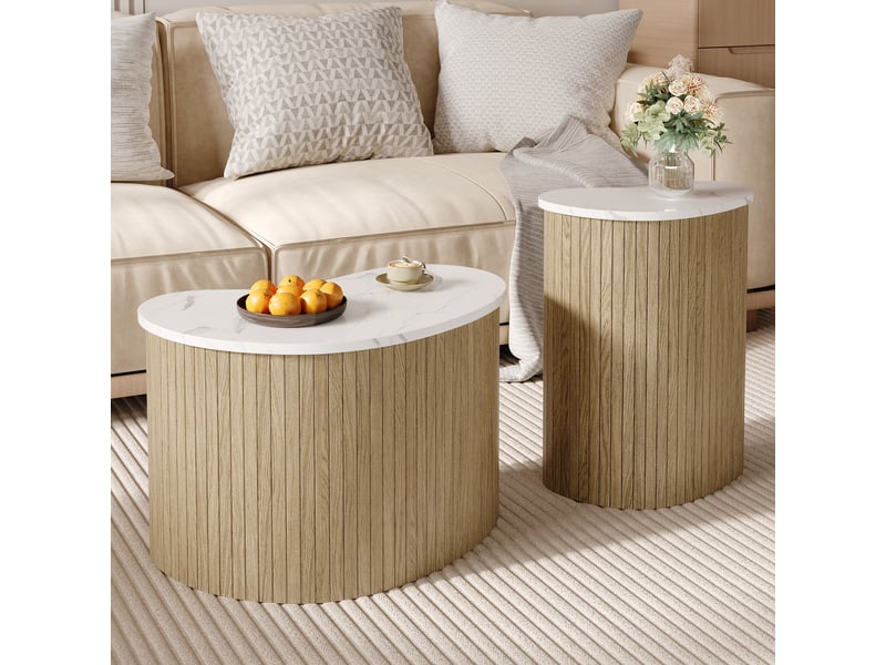  Lot de 2 tables basses 60x37x3840x25x50 cm, forme asymétrique, style scandinave, effet marbre et bois - naturel et blanc  - Conforama E